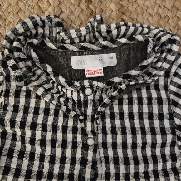 ZARA BLACK WHITE GINGHAM CHECK OVERSIZED COLLAR BUTTON DOWN SHIRT DRESS 2-3yrs - Picture 3 of 5